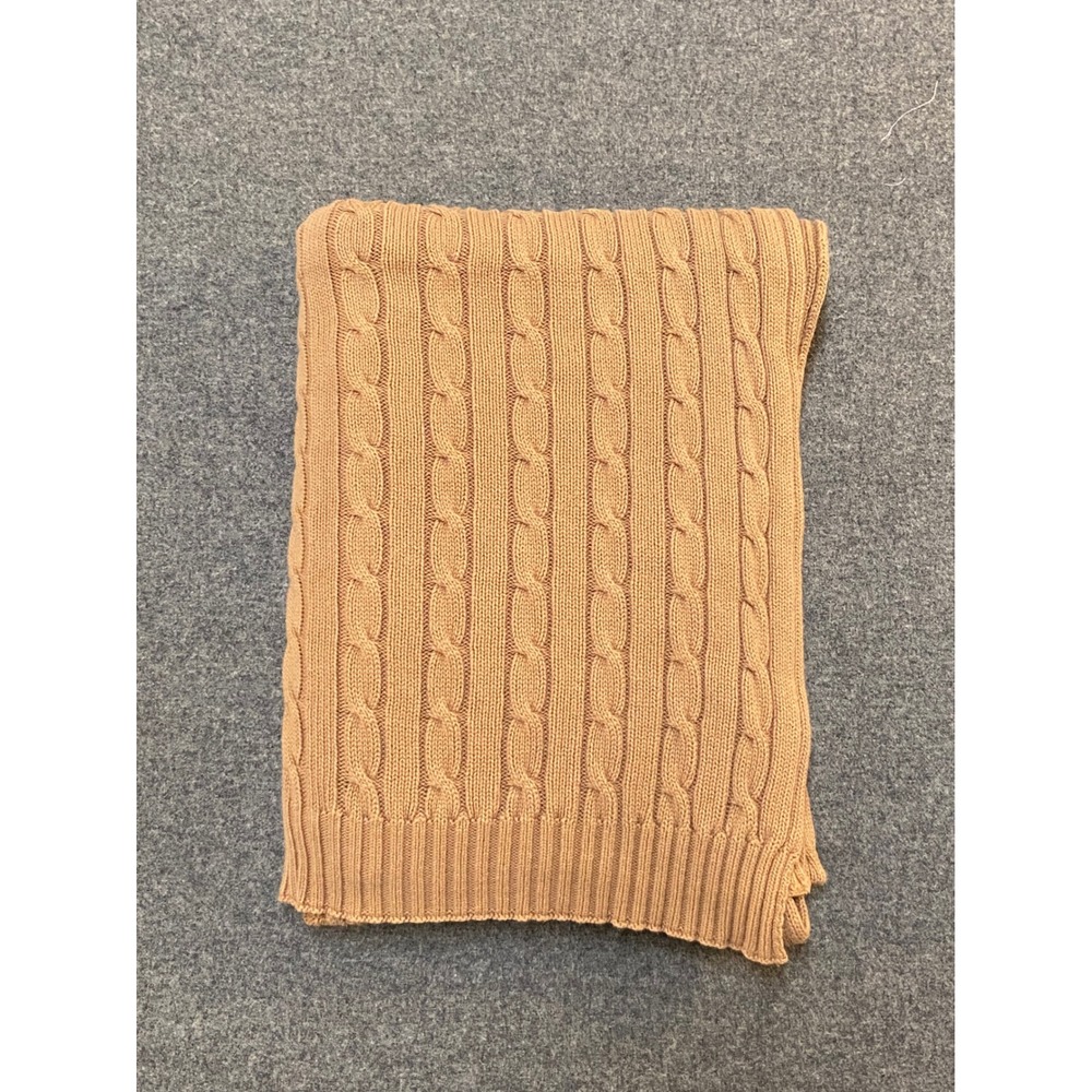 Lauren Ralph Lauren Cable Knit Throw Blanket Unisex 40x64 Tan Cotton Ribbed Trim